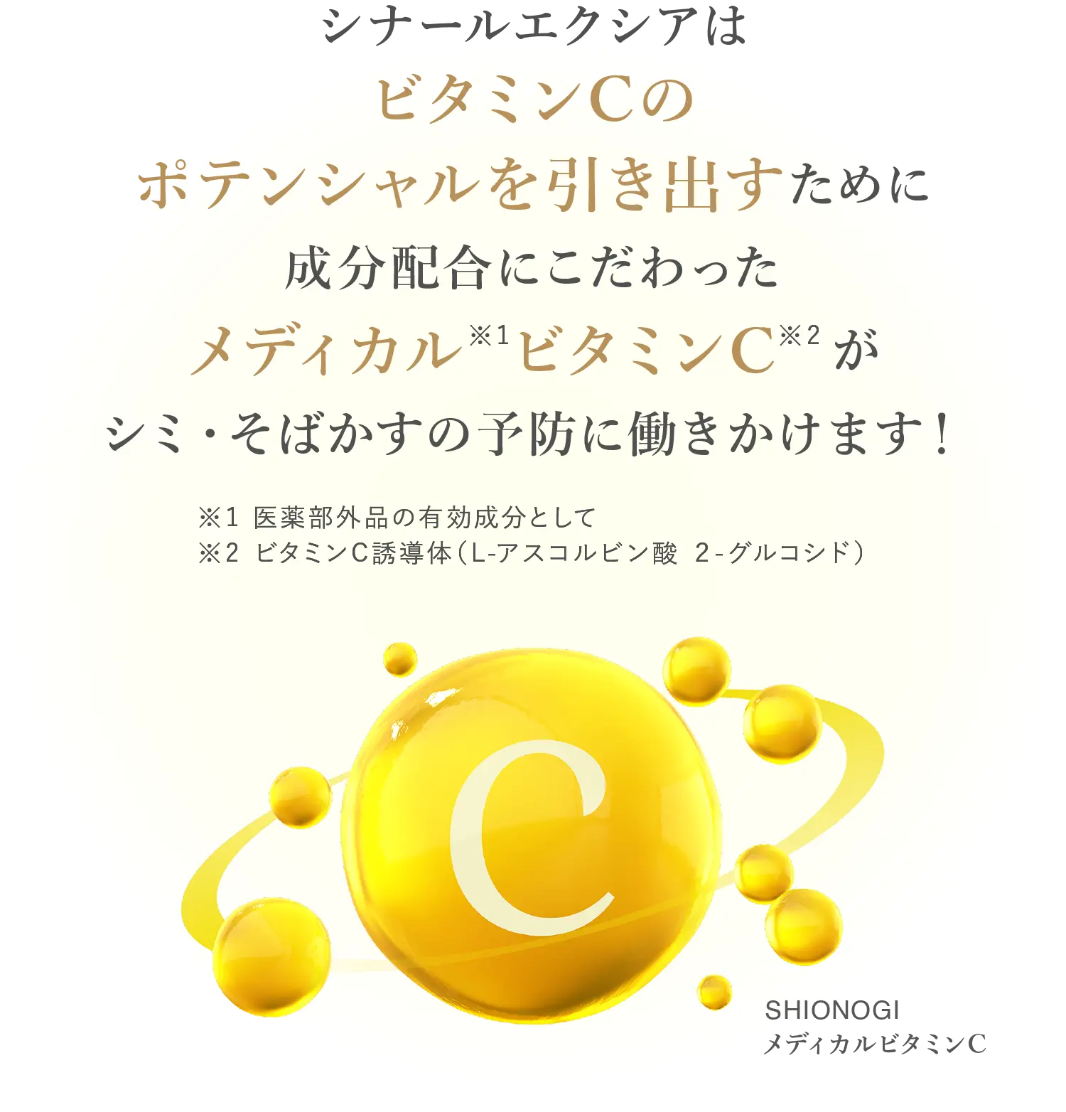 ナールエクシアはビタミンCのポテンシャルを引き出すために成分配合にこだわったメディカル ビタミンCがシミ・そばかすの予防に働きかけます！