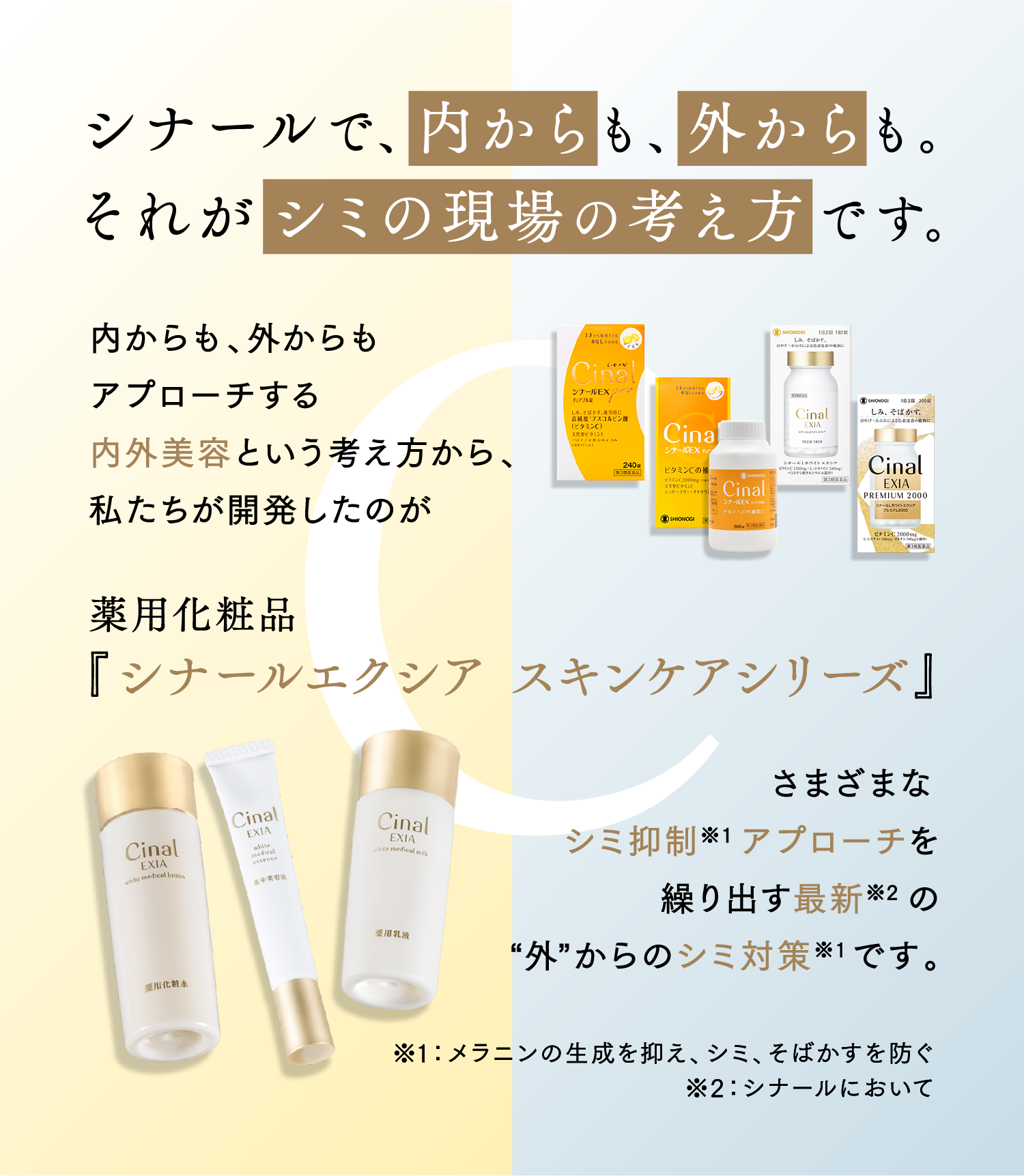 シナールで、内からも、外からも。それがシミの現場の考え方です。